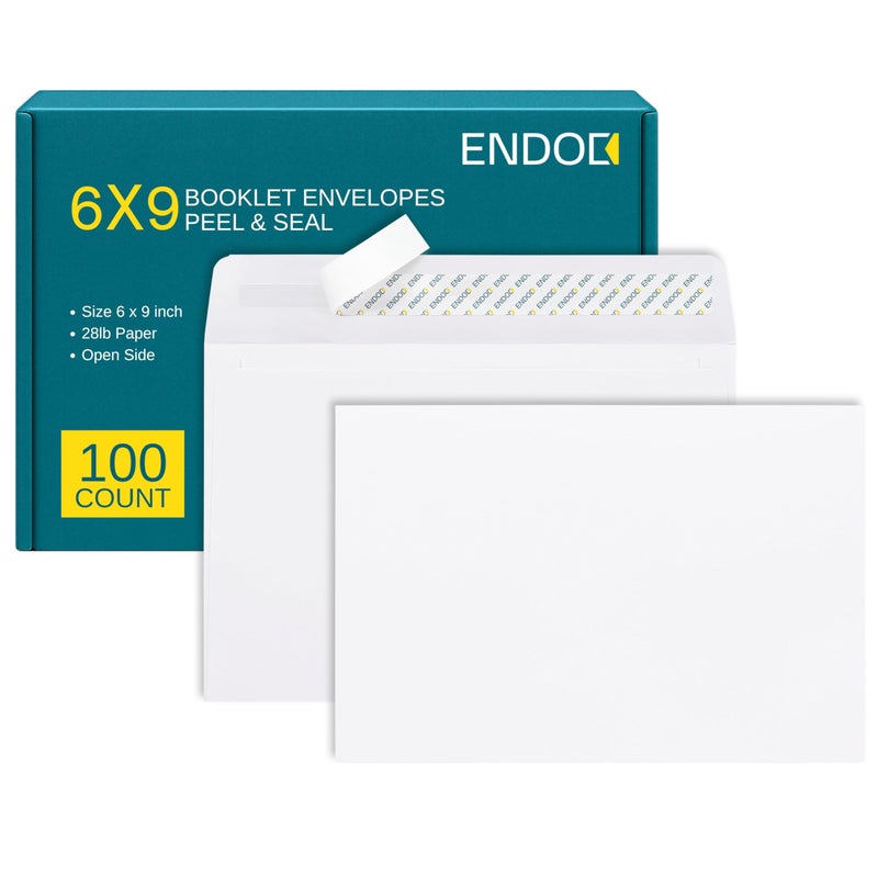 EnDoc 6x9 Booklet Envelopes - 100 Pack - Self Seal White Letter Mailing Envelopes With Peel & Seal Closure - Open-Side, 28 Lb Paper - Plain for Business and Personal Use - Image 1